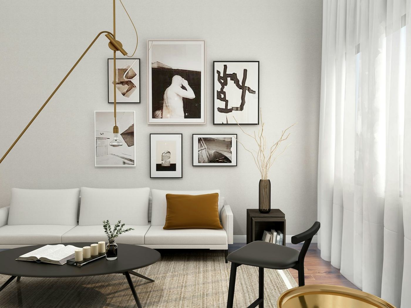 Sala de estar clara com sofá branco e quadros na parede